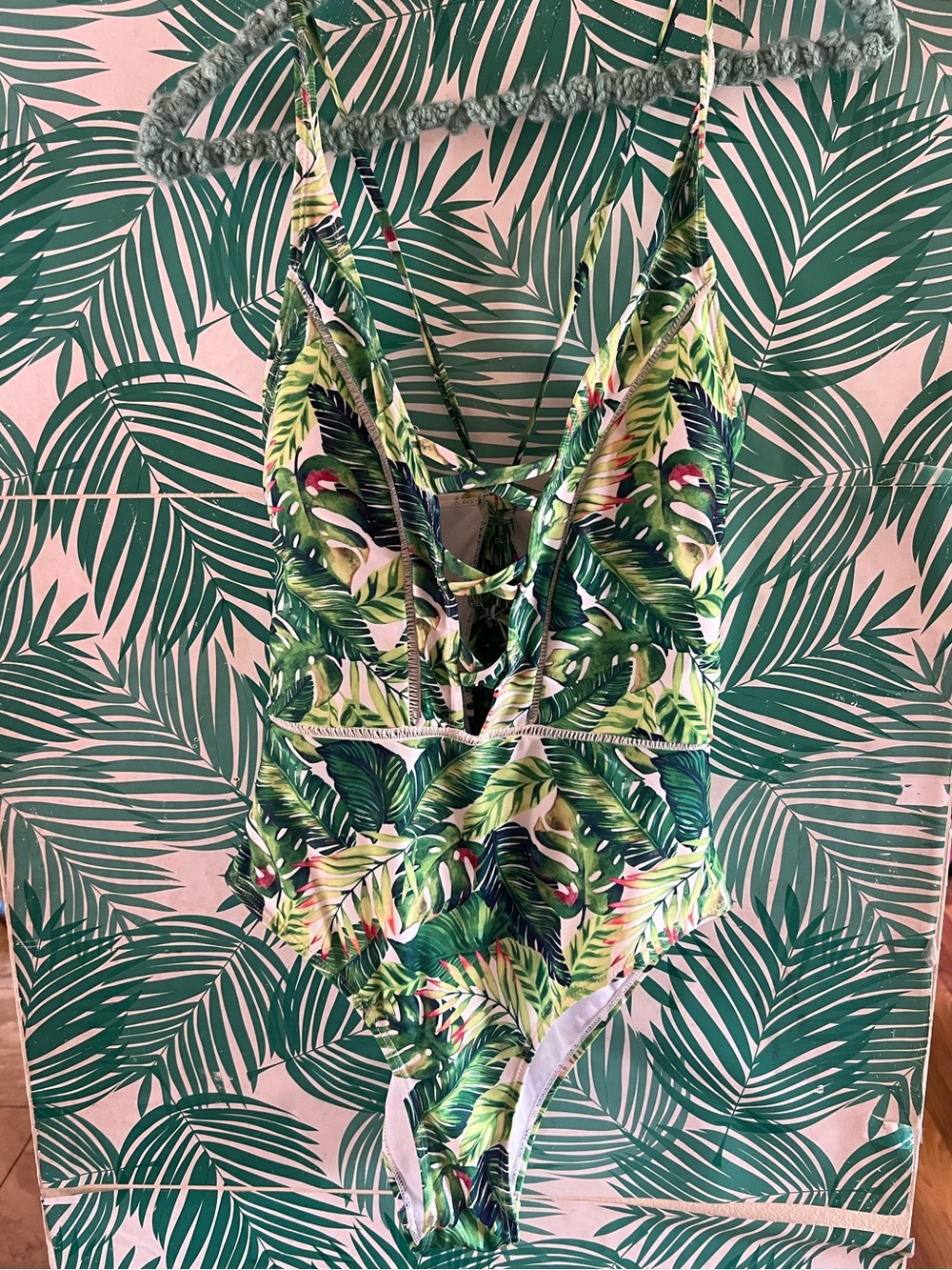 Xoxo Tropical Leaf One-Piece Swimsuit - Green Palm Print Sz L